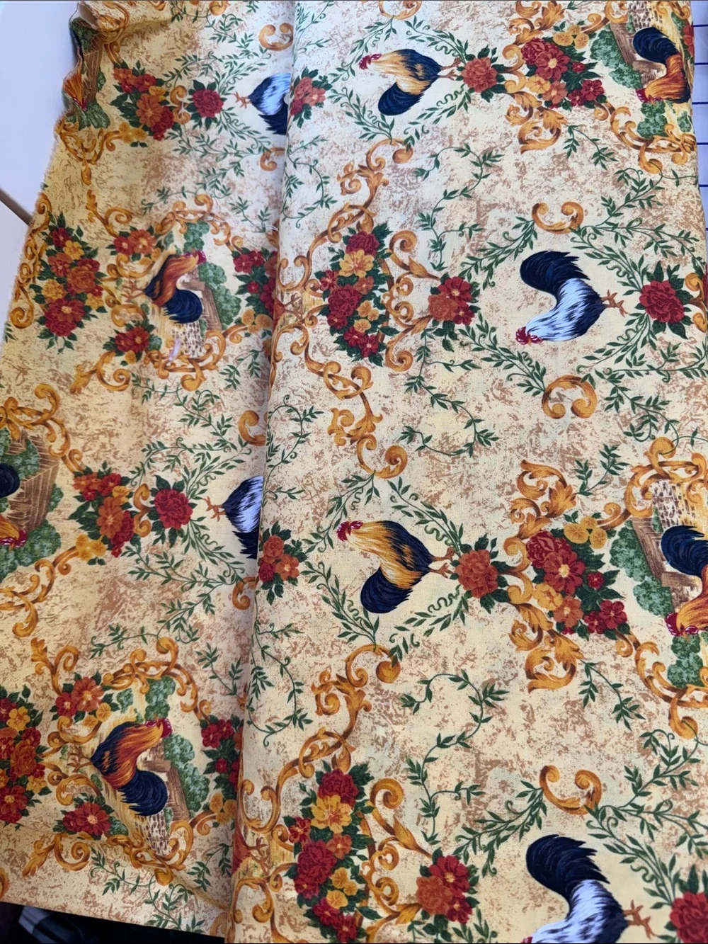 FabriQuilt Fabric Yd Roosters Floral Scrolls Yellow Gold Premium Cotton Provence